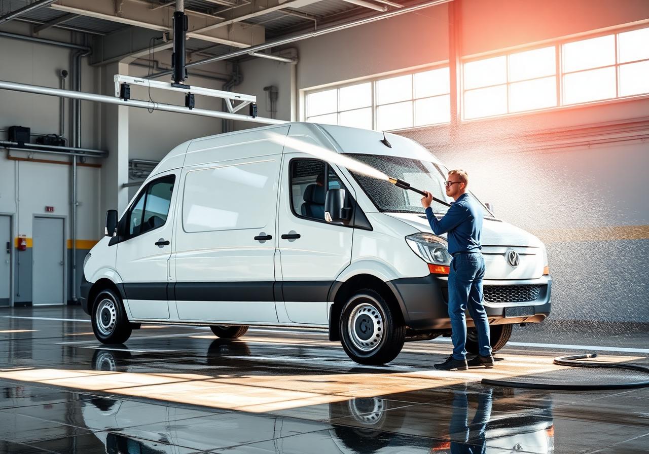Transporter wird mit Hochdruck gereinigt